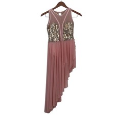 Elisse Adult XS Pink Gold Sequin Lyrical Dance Costume Asymmetrical Mesh Skirt