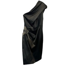 Eliza J One Shoulder Beaded Rouched Stretch Satin Black Dress Womens Size 6
