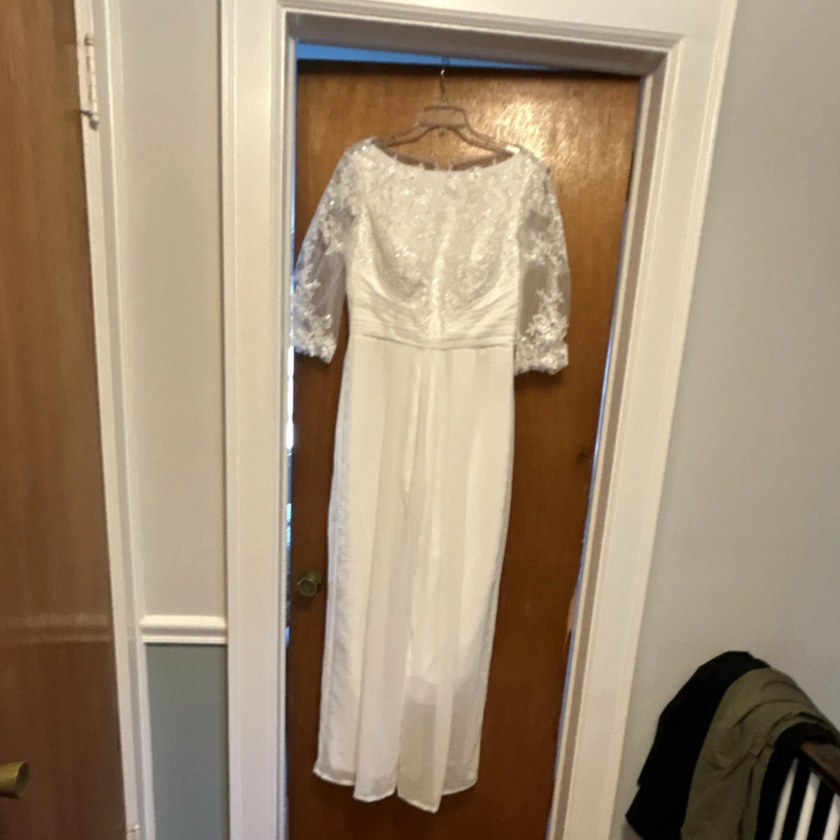chinese dress ladies 3/4 Sleeve See Through Backless Lace & Chiffon Rustic Wedding Dresses AWD1261