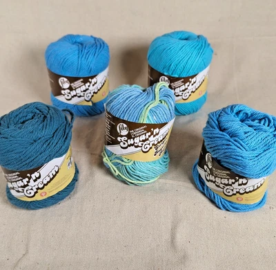 Lily Sugar 'n Cream Cotton Yarn Blue/Green Mixed Lot 5 skein 4-ply Crochet Craft - Image 1 of 4