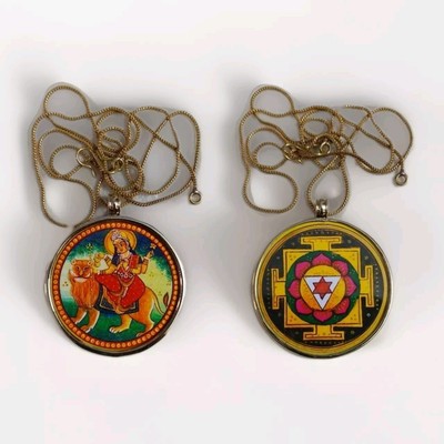 Handmade Yellow Brass Glass Framed Goddess Durga And Durg Yantra Reverse Pendant