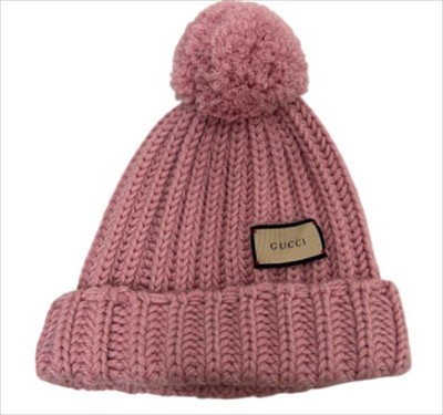 GUCCI Pom-Pom Beanie Hat Pink Wool Chunky Knit Size: L Head Cir