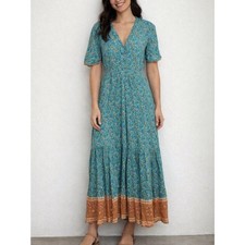 Cottagecore Boho Prairie style maxi dress floral print blue orange size small