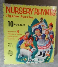 NURSERY RHYMES JIGSAW PUZZLES 10 IN BOX 1954 GROSSET DUNLAP COMPLETE COLOR GUIDE