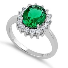 Princess Diana 925 Sterling Silver Sparkly Green Oval & Clear CZ Ring All Sizes