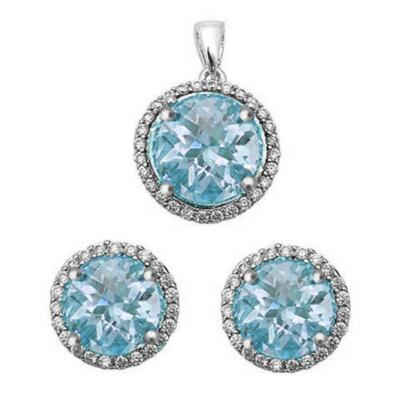Sterling Silver Halo Necklace & Stud Earrings Set With Gemstone (Aquamarine) - Gift Box, 18" Chain, For Women & Girls - View #4