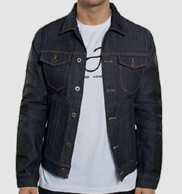 $141 Sean John Men's Striped-Sleeve Collared Button-Up Denim Jacket Blue Size L