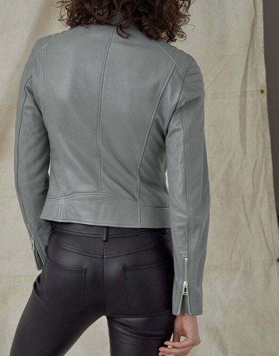 Womens Belstaff Biker Jacket Leather Mollison Dusk Grey UK4 IT36 - Picture 3 of 4