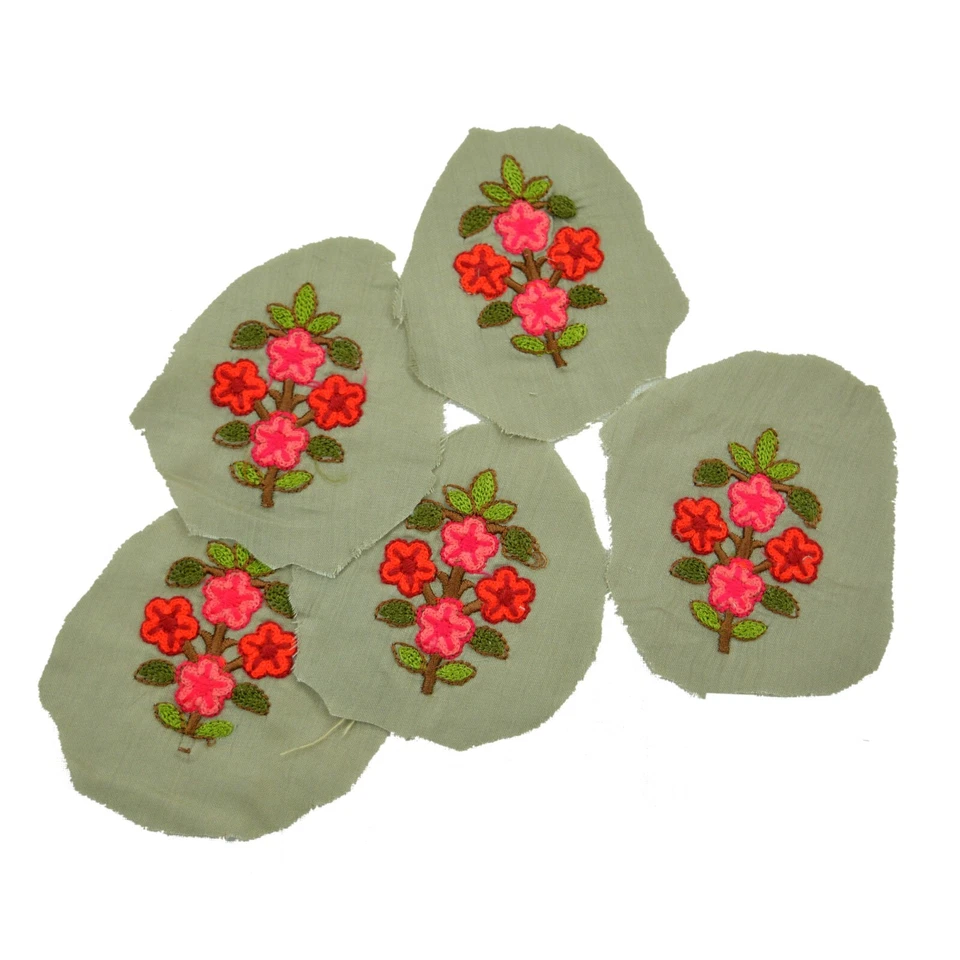 VERY OLD ANTIQUE Vintage 5Pcs Rare Appliques Green Cotton Hand Embroidered Patch - Image 2 of 4