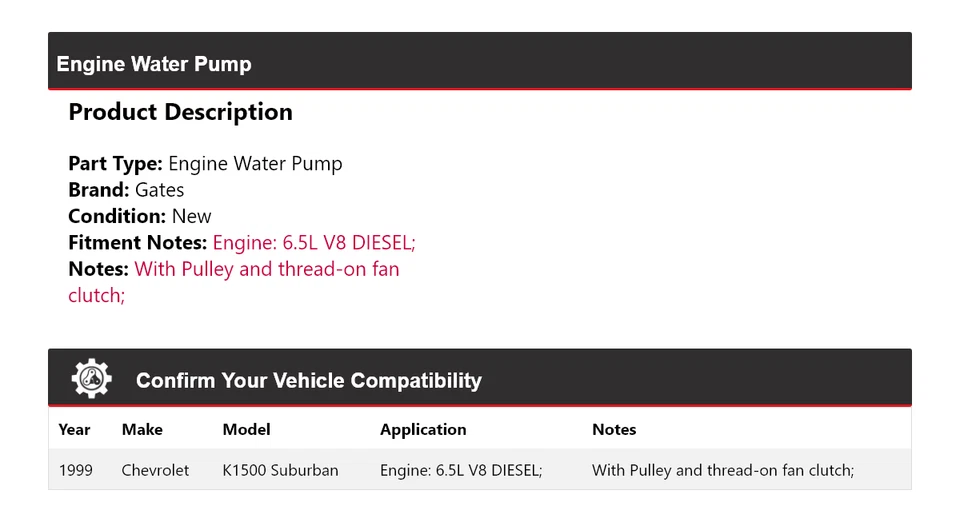 Para Chevrolet K1500 Suburban 1999 6,5 L V8 motor diésel puertas de bomba de agua Foto 2 de 4
