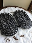 PAIR VINTAGE BLACK CAST IRON OVAL TRIVETS PAN STANDS 8.5” X 5” RUSTIC