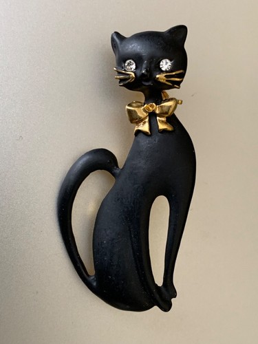 Elegant Vintage French Designer Brooch for CAT LOVERS - Black Cat, Golden Collar - Picture 2 of 5