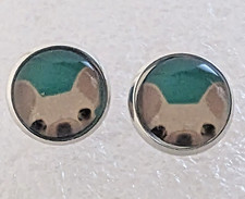 French Bulldog Peeking Teal Small Round Silver Alloy Post Stud Earrings Jewelry