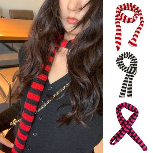 Y2K Punk Harajuku Style Striped Scarf Street Concave Knitted Slim Narrow Ribbon - Picture 2 of 31