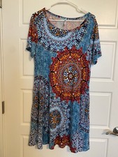 Korsis Midi Shift Dress 2X Blue Multicolor Geometric Flowy Stretchy Fits Small