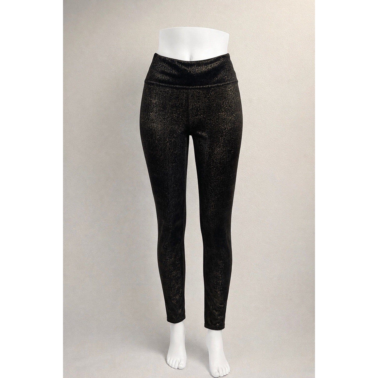 Spanx Leggings Women Medium Black Gold Metallic Foil Shimmer High Waist Shaping