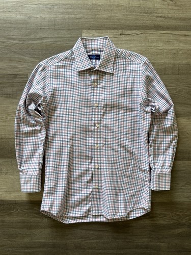Tom James Custom Tailored Dress Shirt Pink Blue Plaid Tattersall Size M
