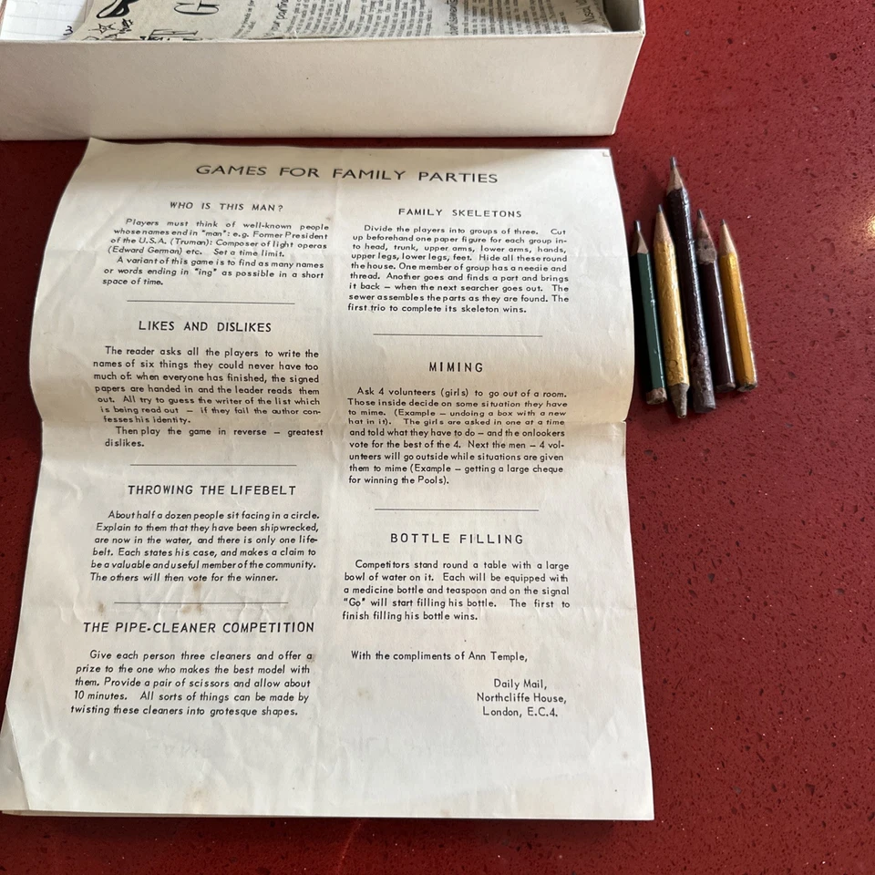 Vintage Christmas Box With 1960s Family Games Guide Newspaper Cuttings-Pencils - Image 4 of 4