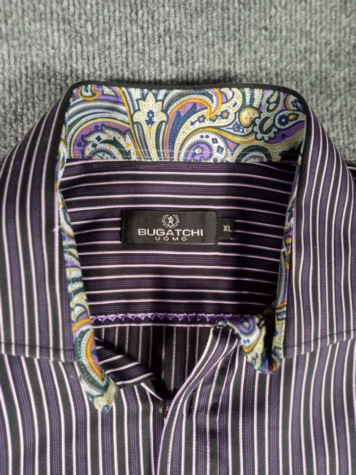 Camisa masculina Bugatchi Uomo XL listrada roxa padrão paisley - Excelente estado usado - Imagem 2 de 4