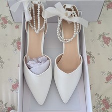 White Low Heel Ankle Strap Bridal Shoes with Pearl and Ribbon Detail