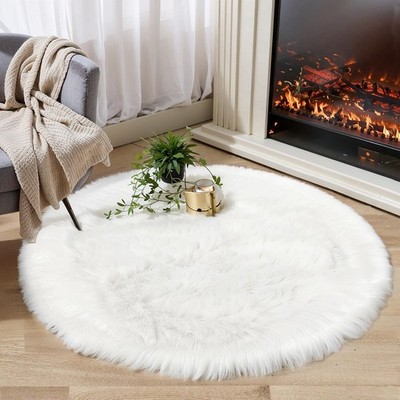 White Fluffy Round Fur Area Rug for Bedroom, Circle Faux Fur Rugs for Kids 