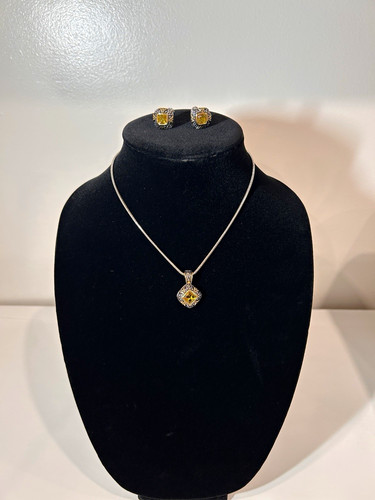 Silver Tone Yellow Square Cubic Zirconia Pendant Necklace & Earrings Set