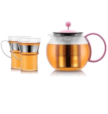 Bodum Assam Tea Pot & 2 Mugs,Glass Tea Cafe Press/Infuser Pink Handles Lid New