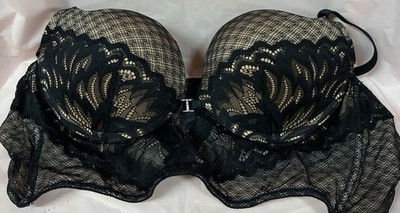 Adore Me Lace Push Up Bra 38B Black Lace Over Beige With Rhinestone Front Accent