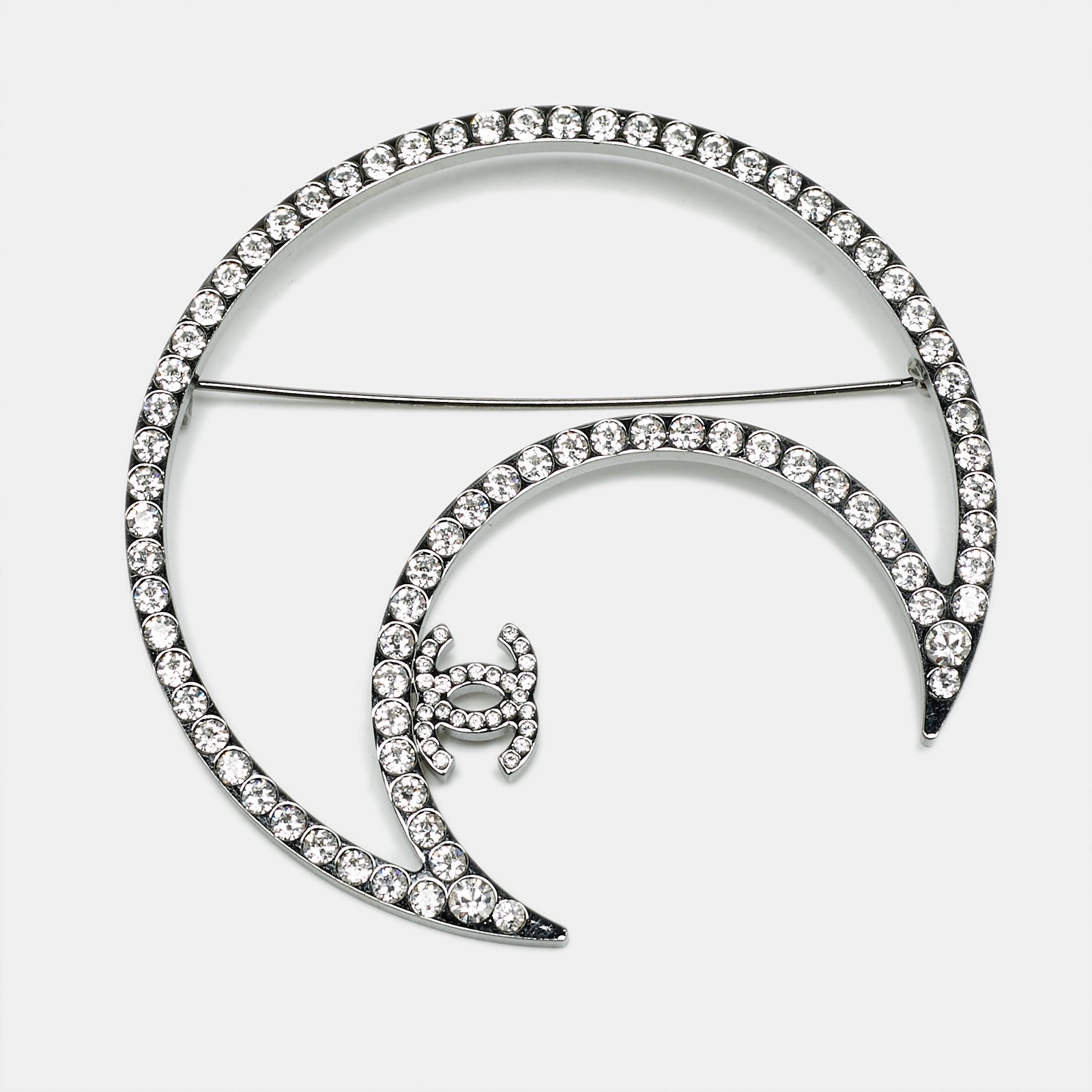 Chanel CC Moon Crystals Silver Tone Elegant Brooch  
