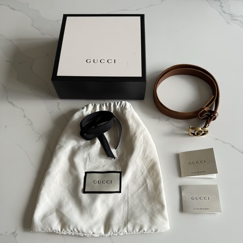 Gucci GG Marmont Thin Belt Brown Leather Gold Double G 75/30 Box & Dust Bag