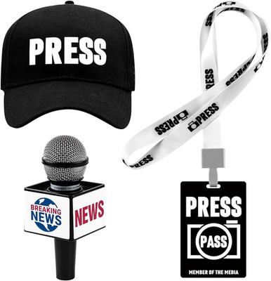 Journalist News Reporter Costume Accessories Set, Press Hat Pass Microphone Prop