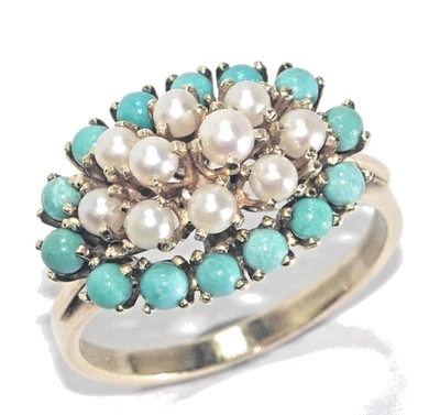 Ring Gold Türkis 0,91ct. Perlen Handarbeit Vintage Gr.59/18,8 mm 585/14K 5,7g - Bild 1 von 4