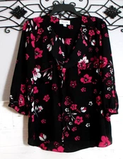 Elle Women's Top Size XL 3/4 Sleeve Multicolored Floral V Neck