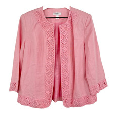Pink Linen Blend Open Front Blazer Women  s M Crochet Trim 3/4 Sleeve Grandmacor