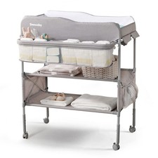 Portable Baby Changing Table w/ Wheels Adjustable Height Large Storage Rack Gray