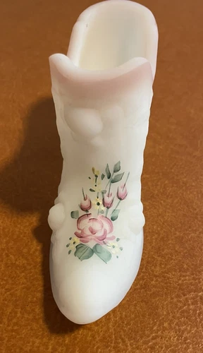 Fenton Satin White Milk Glass Shoe Slipper Pink White Handpainted Signed