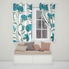 Blue Teal Floral Eyelet Blackout Curtains Botanical Flower Thermal Window Drapes