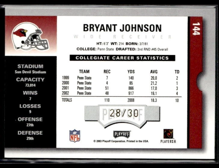 L40,676 - 2003 Playoff Contenders Playoff Ticket #144 Bryant Johnson /30 - Image 2 of 2