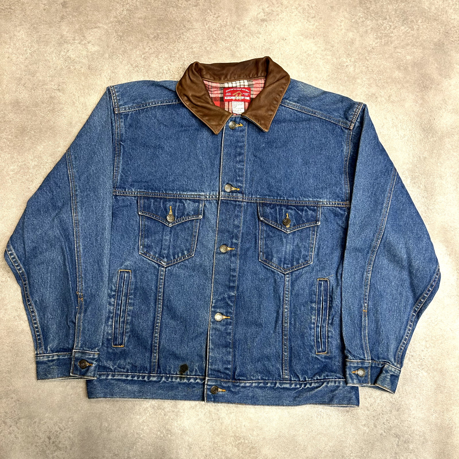 Marlboro Country Store Denim Jacket Mens Large Vintage Biker Trucker Coat, Blue
