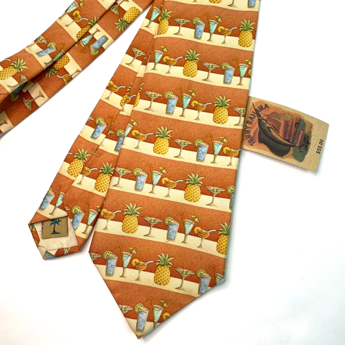 Vintage Tommy Bahama Neck Tie Orange Silk Hawaiian Fruit Tropical Drinks USA $55