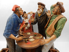 VINTAGE SIGNED CAPODIMONTE PORCELAIN FISHERMAN PLAYING CARDS, FIGHTING SCULPTURE