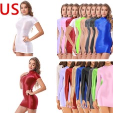 Womens Glossy Long Sleeve Bodycon Dress Solid Color Smooth Stretchy Nightwear