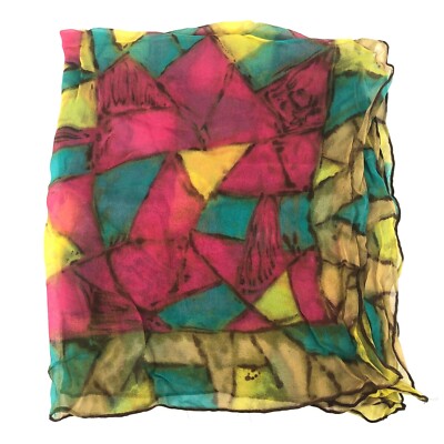 Vintage Bold Geometric Silk Scarf 31'' x 29'' Art Abstract Print Hot Pink Blue 