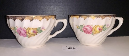2 ROYAL Quban Teacups Porcelain Floral Pink Yellow Gold Vintage