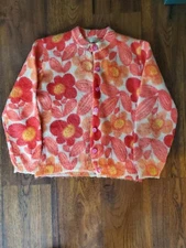 Vintage Wool Mohair Orange/Yellow Tone Flowers Pink Buttons, Button up Sweater 