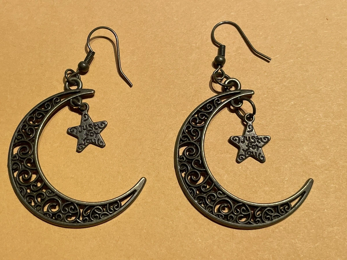 Gold Plated Half Moon with Star Dangle Earrings Womens Teens Jewelry