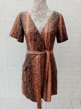 Prettylittlething Dress Size 10 Peach Black Animal Print Crossover Belt Wet Look