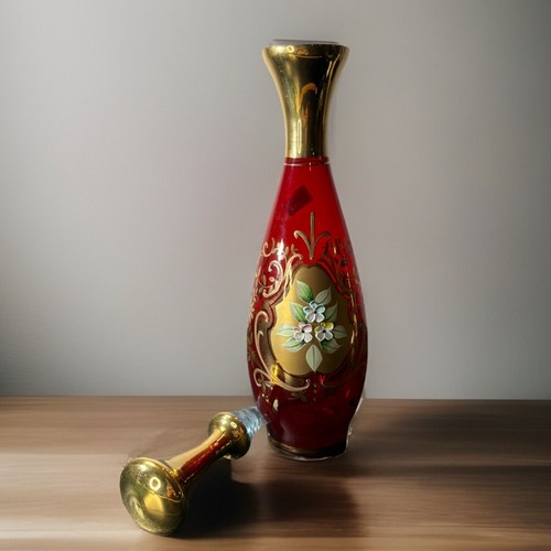 Vtg Ruby Red Glass Decanter Floral Design Gold Overlay and Stopper 11.5” Tall - Picture 2 of 14