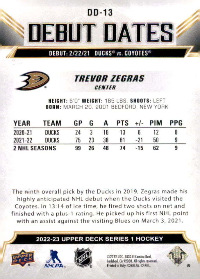 2022-23 Upper Deck #DD-13 Trevor Zegras Debut Dates Gold - Image 2 of 2