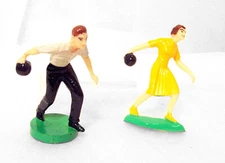 Vintage Pair Man Woman Bowling Cake Top Figurines w Ball Hong Kong 3.75”